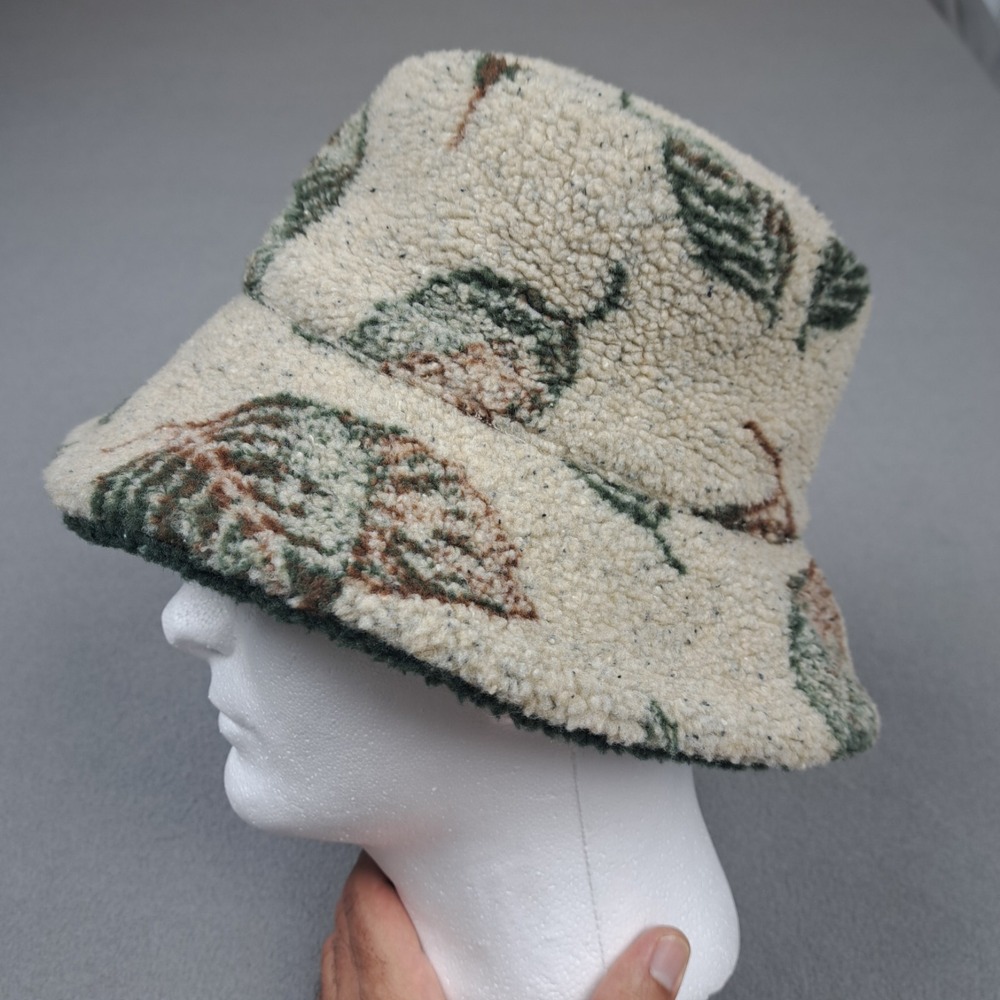 Sherpa Bucket Hat Women's Size M/L Leaf Print Reversible Hunter‎ Green Tan Cozy